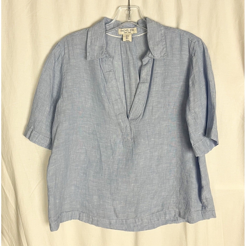 Rachel Zoe Women's 100% Linen Blouse Size S Blue, Short Sleeve